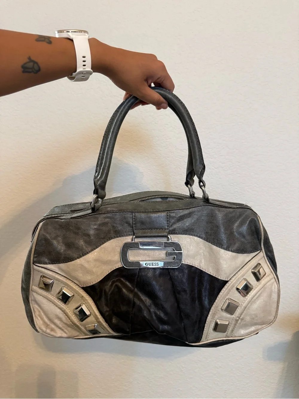 Guess | Y2k patchwork bowling satchel with silver tone studs